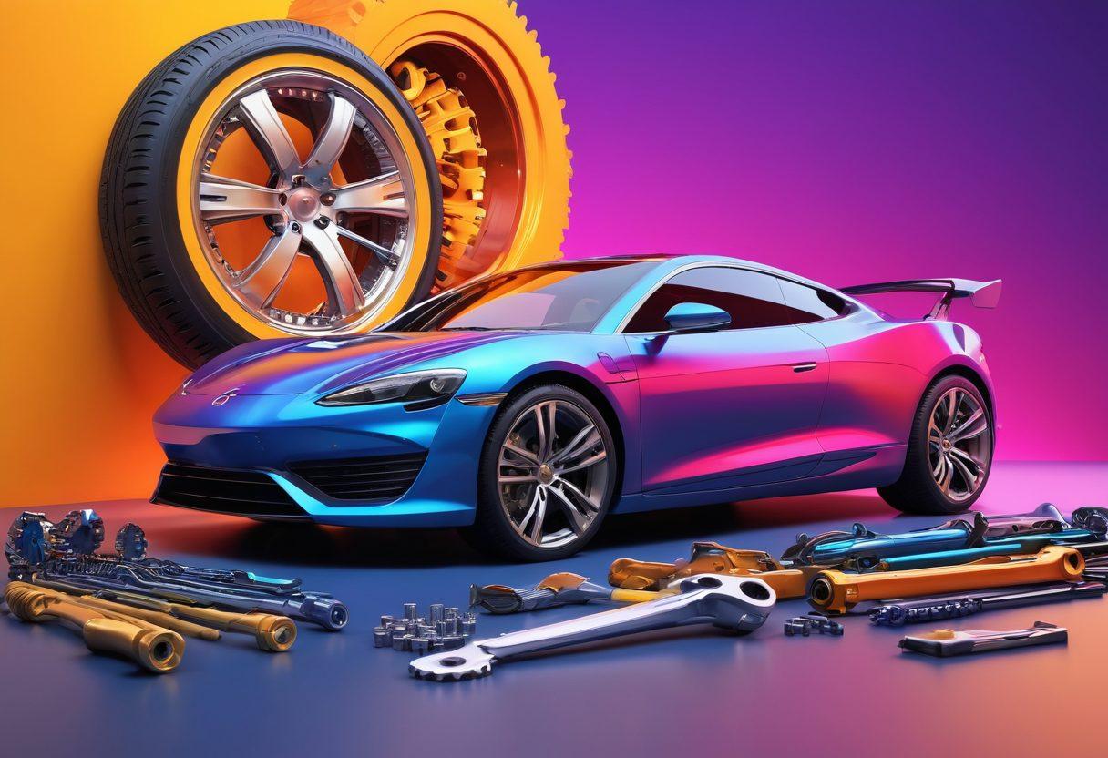 A sleek modern car on a vibrant and dynamic background filled with automotive gears and tools, showcasing elements like a wrench and tire in the foreground and a digital infographic overlay displaying automotive trends. Bright colors with a futuristic touch, inviting viewers to explore car maintenance tips. super-realistic. vibrant colors. 3D.