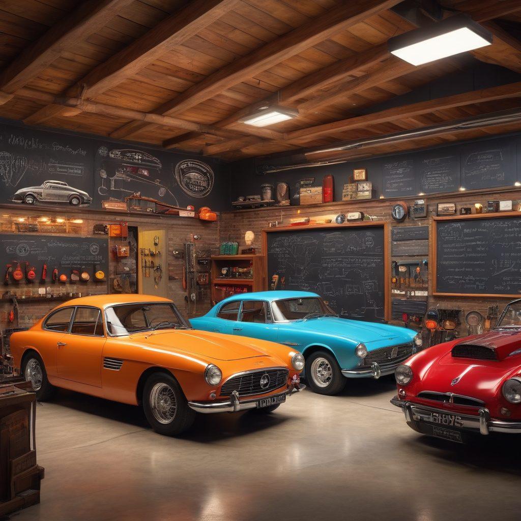 A vibrant garage filled with various vintage and modern cars, with an expert mechanic demonstrating car maintenance techniques. Include a chalkboard with tips and diagrams in the background, evoking a sense of learning and exploration. The lighting should be bright and welcoming, showcasing the passion of car enthusiasts. super-realistic. vibrant colors.