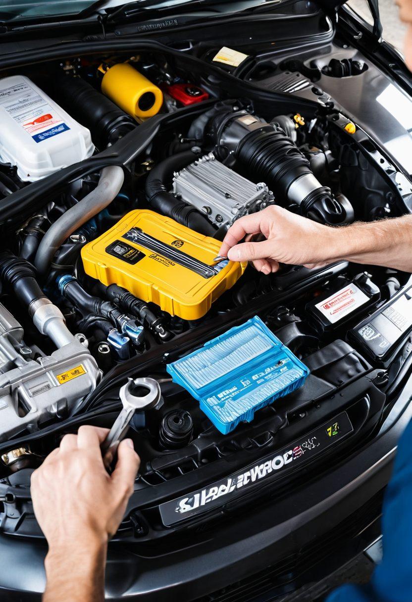 A close-up view of a mechanic's hands performing a detailed inspection under the hood of a car, showcasing essential car maintenance tools like wrenches and oil filters. Brightly labeled car parts in the background illustrate common maintenance tasks, while a vibrant checklist is visible beside the car. An engine gleaming with care symbolizes peak performance. super-realistic. vibrant colors.